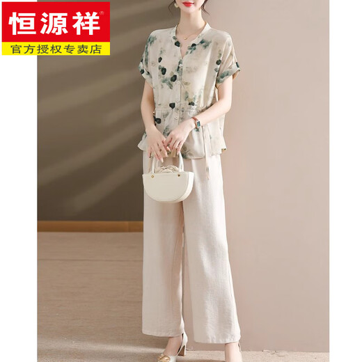 Hengyuanxiang middle-aged mother summer suit fashionable chiffon shirt top middle-aged and elderly women's summer short-sleeved shirt two-piece set TM-723 green single top 5XL (recommended 155-170Jin [Jin equals 0.5 kg])