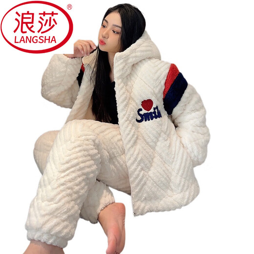 LangSha (LangSha) super thick pajamas for women wearing autumn and winter coral velvet plus velvet three-layer cotton jacket winter flannel home clothing set -6621-[Three-layer plus-thick] M Recommended weight 80-100 Jin [Jin equals 0.5 kg]