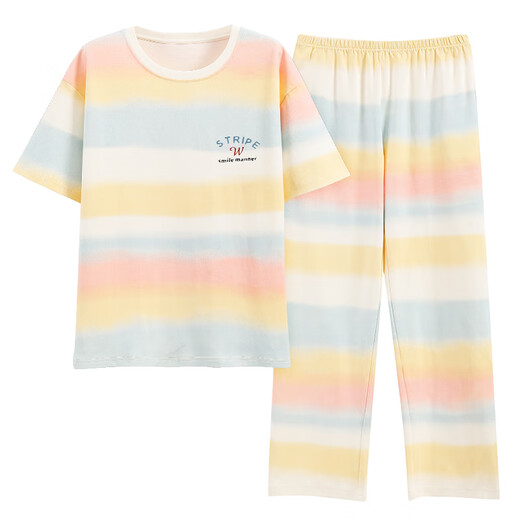 夏季女士短袖睡衣套装纯棉长裤家居服全棉可外穿夏天条纹卡通 Y9720 M (建议75-95斤)