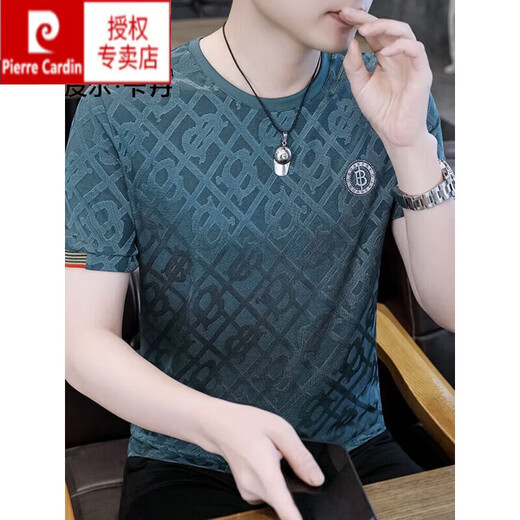 皮尔卡丹短袖T恤男士2025夏季新款冰丝半袖体恤休闲百搭加肥加大码上衣服5 旗舰官方-DX867圆圈B-蓝绿色 M