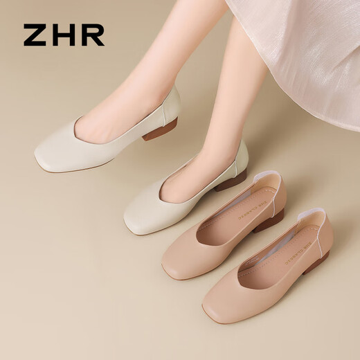 ZHR thick heel boat shoes for women, shallow mouth simple women's shoes for summer commuting single shoes for women AH677 beige 40