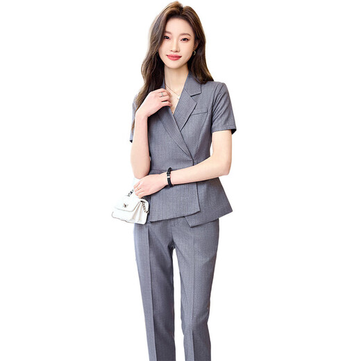 
Jinxu Hotel Workwear Set Summer Women's Short Sleeve Suit Professional Wear Temperament Shenfan Fashion Jewelry Store Sales Department SY6623 Gray Strip Suit S
