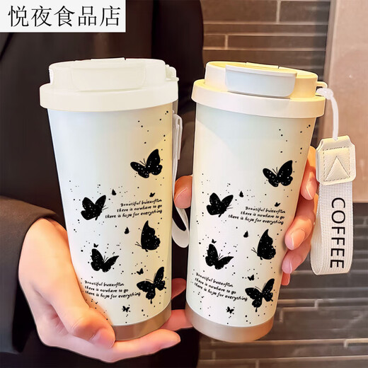 简约蝴蝶保温杯吸管咖啡双饮口水杯新款男女大容量2025杯子高颜值 白色-咖啡杯-FA682蝴蝶+挂绳 316不锈钢
