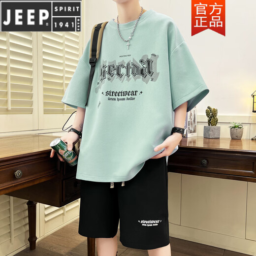 JEEP SPIRIT teen sports suit fat boy 12-15 years old junior high school students short-sleeved T-shirt 13 trendy handsome large-size summer suit TZ6630 black [short sleeves + shorts] M [75-105Jin [Jin equals 0.5 kg]]