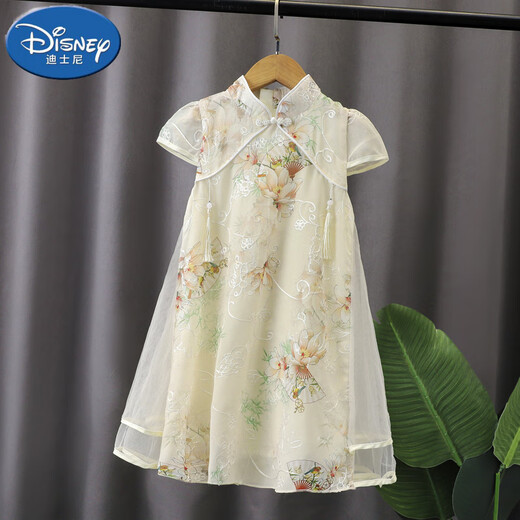 迪士尼（Disney）女童连衣裙夏装旗袍裙中国风儿童夏季公主裙汉服复古女孩裙子国潮 YBC-6629扇子旗袍裙-杏色 100 建议身高90cm