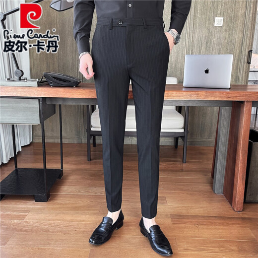 Pierre Cardin (Pierre Cardin) Nivel azul marino Pantalones de rayas verticales al estilo coreano de los hombres pantalones casuales sin planchar pantalones de traje de traje de hombre se sienten pantalones negros de punto A455-9902 30 recomendado 115-125Jin [Jin equivale a 0.5 kg]