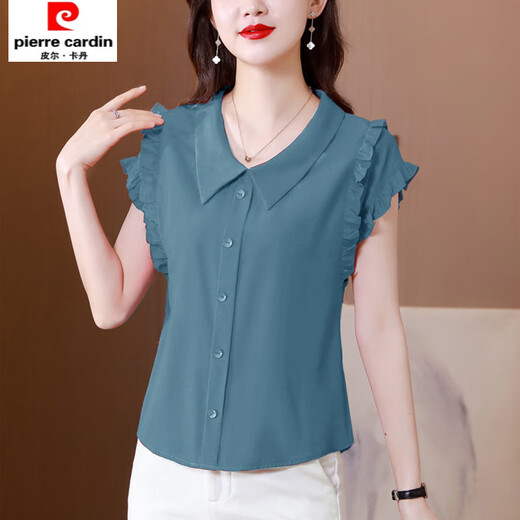 皮尔卡丹（pierre cardin）雪纺无袖上衣洋气t恤女娃娃领衬衫短袖百搭雪纺遮肚子 6218减龄皮粉色 M 【建议100斤以内】