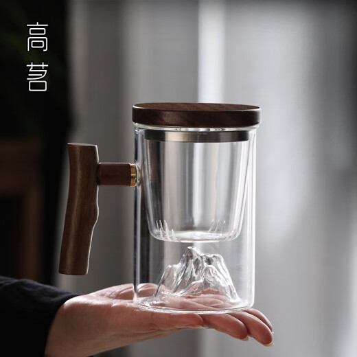 语森忆个人专用泡茶杯茶水分离男士带把喝茶水杯玻璃日式观山茶道杯子 9194鸿崖三件杯榉木450ML 200mL(含)-400mL(含)