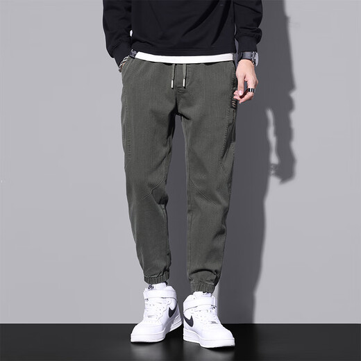 Jeanswest casual pants men's spring and autumn new trendy brand loose nine-point leggings sports pants overalls pants men 9859 military green 3XL (recommended 155-170 Jin Jin equals 0.5 kg)