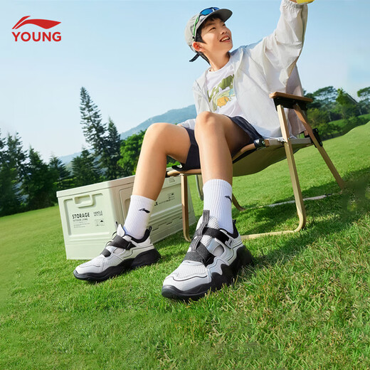 Li Ning children's shoes, children's sports shoes, men's and women's summer hollow mesh sandals, soft breathable frame shoes YKCV078 black/standard white-7 37