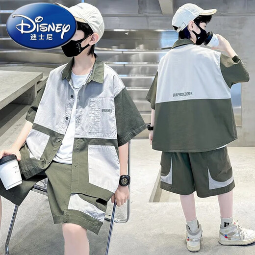 迪士尼（Disney）男童夏装套装新款夏季中大童儿童男孩夏款短袖衬衣痞帅潮衣服 TZK679-灰色套装 120 建议身高140-150厘米