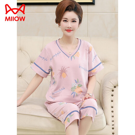 猫人（MiiOW）中年妈妈睡衣女夏季薄款纯棉短袖七分裤中老年人家居服加大码套装 乳白色 LM6626【开衫款】 3XL 【建议160-180斤】