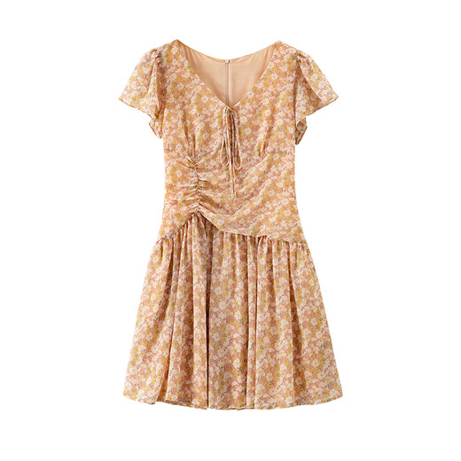 
banana cici 2025 summer new French temperament short skirt pleated floral waisted V-neck dress C252LY724 Pink S