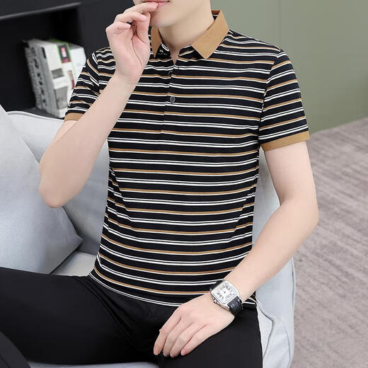 Huanyi Guangdong Puning men's shirt middle-aged and elderly striped daddy shirt men's short-sleeved T-shirt 2025 summer lapel Zhongqing QY756 green khaki M suggests 100-120 Jin [Jin equals 0.5 kg]