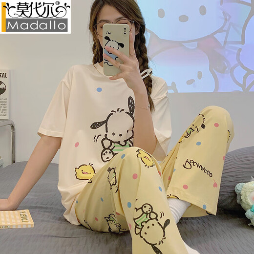 莫代尔睡衣女款纯棉夏季短袖长裤夏天薄款夏款玉桂狗春秋可爱家居服套装 JZM6625爱心 XL 建议110-130斤
