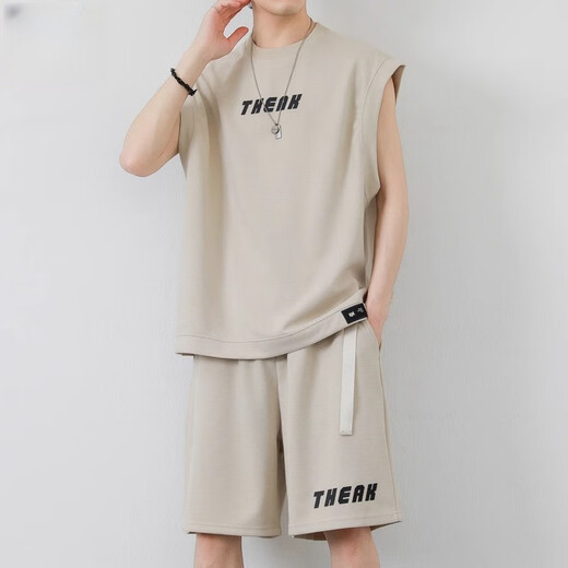 Jeep Spirit-Anzug Herren Waffel Casual Summer Trend atmungsaktive ärmellose Weste Lose T-Shirt Sport Fünf-Punkte-Shorts grau