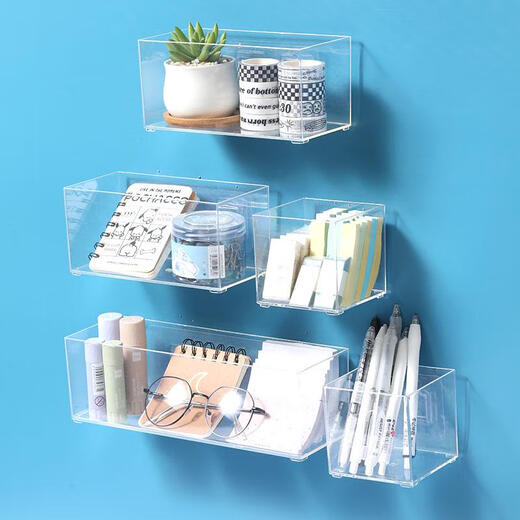 三栖虎桌面收纳盒壁挂盒便签便利贴手账贴纸吧唧卡片透明亚克力笔筒文具 4877.u口透明篮-中长 1个带两对