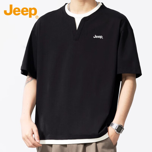 Jeep (JEEP) short-sleeved t-shirt men's summer henley collar waffle bottoming shirt fake two-piece high-end clothes men's black XL