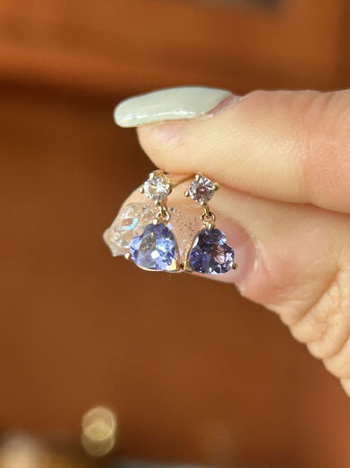 Puli 18k gold love tanzanite white sapphire smart small earrings fresh temperament simple small item love tanzanite 1 carat white sapphire 16 points