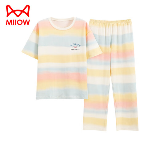 猫人（MiiOW）夏季女士短袖睡衣套装100纯棉长裤家居服全棉可外穿夏天条纹卡通 Y9711 M (建议75-95斤)