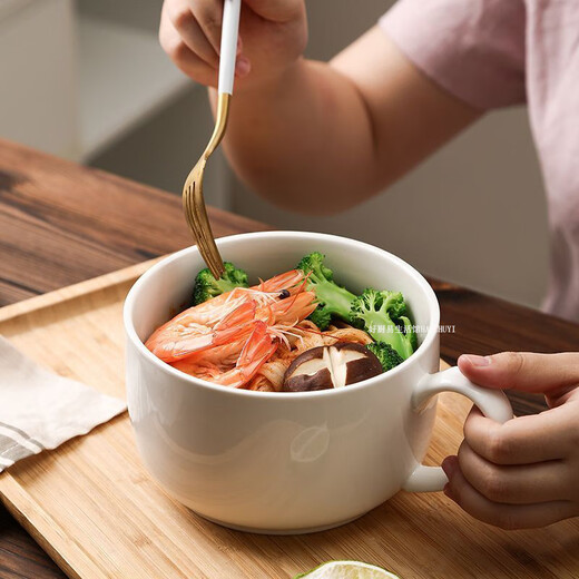 Chaosihui daily creative instant noodle bowl ceramic bowl with lid sealed fresh-keeping bowl microwave large instant noodles white instant noodle bowl with lid (1000ml)