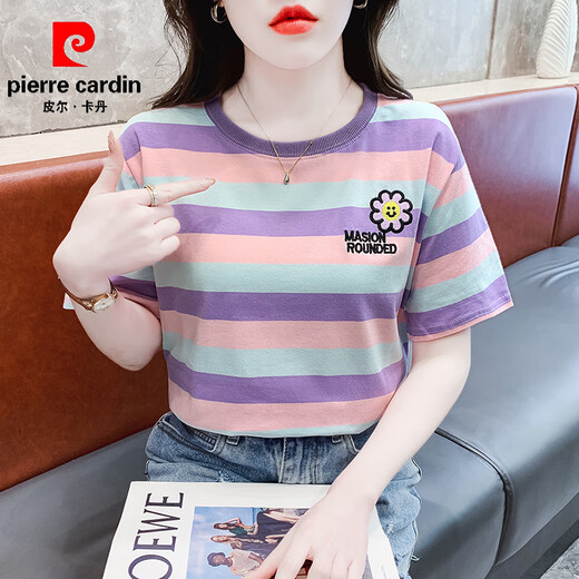 
Pierre cardin striped short-sleeved T-shirt for women loose Korean women's clothing 2025 summer new versatile T-shirt round neck half-sleeved top Red 9928 S Recommended 80-95Jin [Jin equals 0.5 kg]
