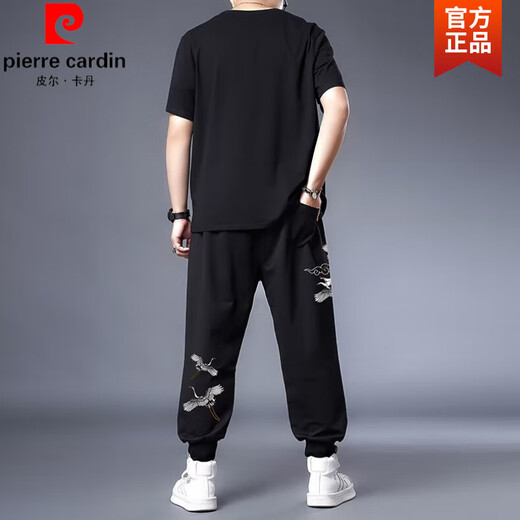 
Pierre cardin summer Chinese style men's ice silk quick-drying suit for men fat men plus fat size casual sports short sleeve two-piece knitted black 9922 set XL 125-145Jin [Jin equals 0.5 kg]