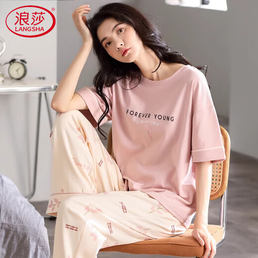 浪莎（LangSha）高档睡衣女款2025新款纯棉薄款宽松家居服短袖长裤休闲可外穿套装 7374 M 【建议80-105斤】