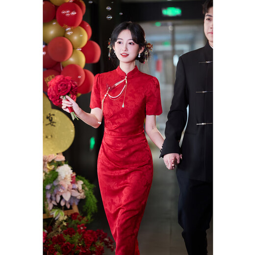 Hongdou Hodo Nouveaux vêtements de toast chinois 2025 New Red Cheongsam Bride Wedding Engagement Robe Brand Robe Return Girl Red M