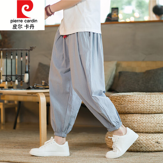 皮尔卡丹（pierre cardin）灯笼裤男裤子夏薄款阔腿亚麻裤宽松束脚哈伦裤直筒运动棉麻九分裤 黑色 M 100-120斤