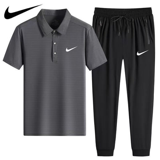 NBA VIBE-NIKE冰丝POLO衫速干休闲运动装短袖T套装薄款翻领男士长裤两件装 耐克-深灰(束脚套装)1396 耐克-XL 100-120斤