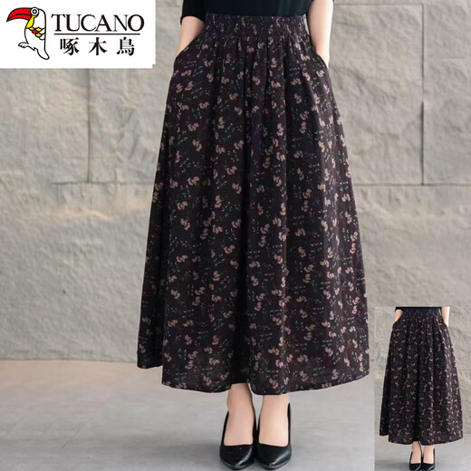 Jupe florale en coton et en lin pour les femmes en été au printemps, en été et à l'automne 2025 Nouvelle jupe bigouffée plissée en milieu de longueur, fleur bleu marine, une taille recommandée 85-158 Jin [Jin est égal à 0,5 kg]