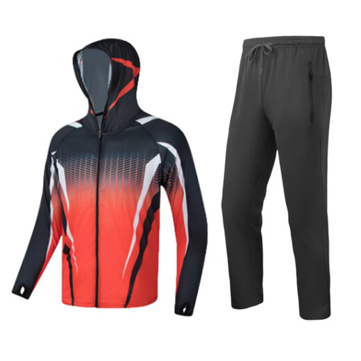 2025 new fishing sun protection clothing men's suit ice silk breathable sun protection quick-drying anti-mosquito sports fishing clothing customization 002 red top + gray pants L recommended 115 to 135 Jin Jin equals 0.5 kg