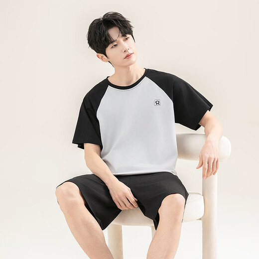 
New step (XINYIBU) 100% cotton men's pajamas short-sleeved shorts thin simple printed middle-aged daddy's home clothing set S5155 blue 3XL