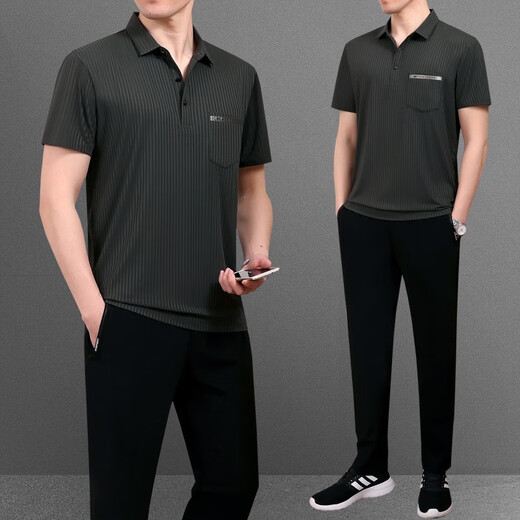 皮尔卡丹（pierre cardin）爸爸夏装冰凉套装中老年休闲运动服套装男士中年短袖t恤父亲夏季 753墨绿【短袖+长裤】 XL 【建议120-140斤左右】