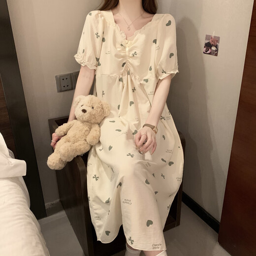 浅伊琳居带胸垫睡裙夏季女款感短袖云朵棉家居服甜美宽松睡衣连衣裙 #sm9871带胸垫可拆卸 L  建议体重101-120斤