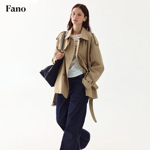 fano studios范洛Fano 2025复古经典双排扣翻领风衣女系带中长款外套 卡其黄 XS