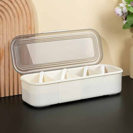 Zhenxi divided spice box spice storage box with spoon kitchen household salt shaker MSG sugar pepper seasoning box storage multi-grid cream white four-grid spice storage box-with spoon