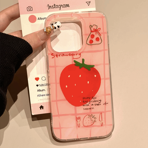 
Checked strawberry for iPhone16 mobile phone case holder Apple Huawei vivo Xiaomi OPPO Honor anti-fall cover White large hole [full screen]-transparent white [0]-LIYIK1048 grass iphone 11