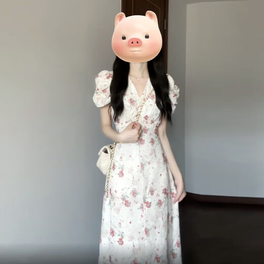 冶芷法式碎花V领泡泡袖连衣裙子女夏季温柔甜美收腰显瘦气质绝美长裙 碎花V领泡泡袖连衣裙 L