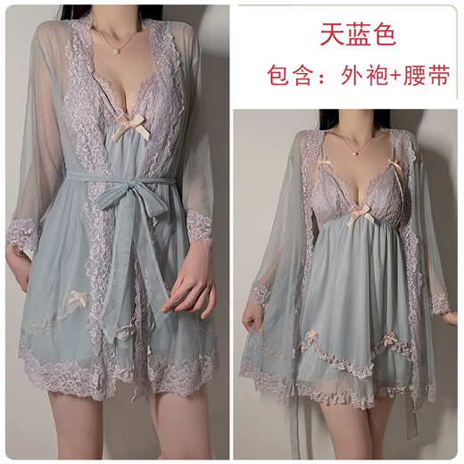 雅鹿夏季甜美网纱蕾丝深V加胸垫性感露背大码睡裙外袍家居套装时尚女 P3886虾粉（外袍+腰带） M