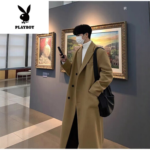 Playboy (Playboy) Осень и зимняя новая шерстяная шерсть для мужчин в среднем уровне с высоким уровнем колена высококачественной твидовой куртки корейская тренда Black Plus Plus Cotton L