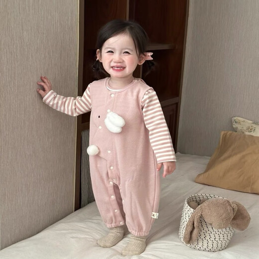Disney (Disney) Baby Girl Cute Set 2025 Spring Baby Clothes Cute Bunny Overalls Striped T-shirt Two-piece Set Pink Striped Ten Rabbit Straps One-piece Two-piece Set 73cm 73