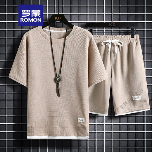 
ROMON heavyweight waffle short-sleeved T-shirt men's summer loose large-size sports shorts suit work clothes round neck breathable 829 khaki [set] XL 135-150Jin [Jin equals 0.5 kg]