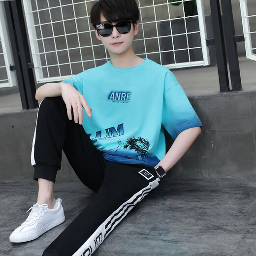Qiao Yumeneng Summer Boy kurzärmeligte Sweatshirt 13-jährige Teenager-Hosen T-Shirt T-Shirt Zweiköpfig 15 Schüler der Junior High School 14 Sportanzug Weiß und Blauanzug 9226 (Kurzärärmel + Hosen) Hochwertiges M (Empfohlen 78-95 Jin [Jin gleich 0,5 kg]))