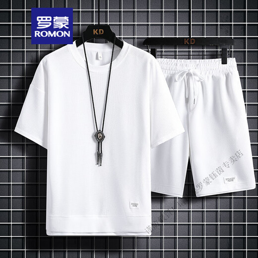 
ROMON heavyweight waffle short-sleeved T-shirt men's summer loose large-size sports shorts suit work clothes round neck breathable 829 khaki [set] XL 135-150Jin [Jin equals 0.5 kg]
