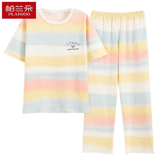 浪莎2025年睡衣女春夏季纯棉短袖长裤薄款韩版可爱彩虹撞色家居服套装 Z9712 M码[建议80-100斤穿] 均码