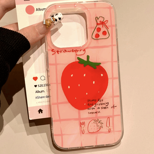
Checked strawberry for iPhone16 mobile phone case holder Apple Huawei vivo Xiaomi OPPO Honor anti-fall cover White large hole [full screen]-transparent white [0]-LIYIK1048 grass iphone 11