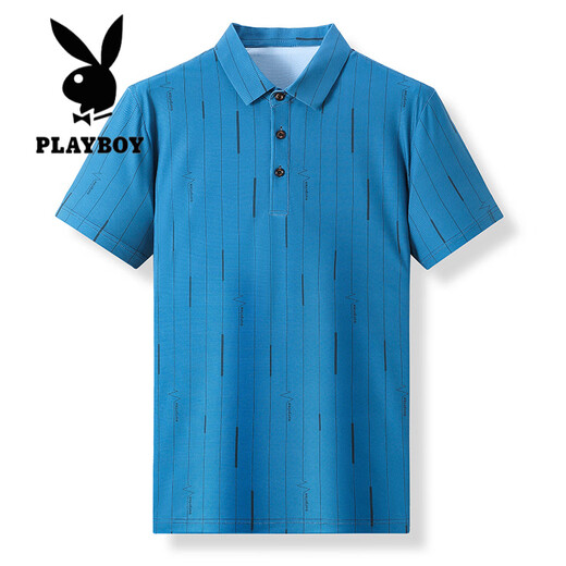 Playboy (Playboy) High-End Mulberry Seide Kurzärärmelte T-Shirt Herren Silk halbärmelig Männer trendige Marke Revers Polo-Hemd mittleren Alters mit mittleren und jungen Menschen lose vertikale Streifen t blau DN6625/N 2xl 180