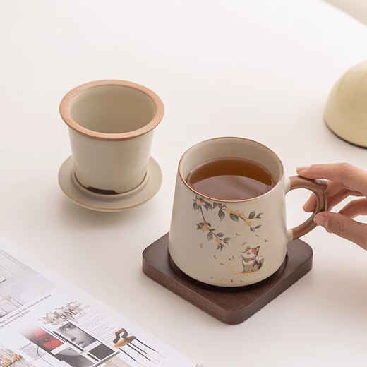 Jinpan Ru Kiln Ceramic Tea Cup Personal High-end Tea Separator Cup with Cover and Handle Teapot Office Home Ru Kiln Tea Cup + Walnut Coaster